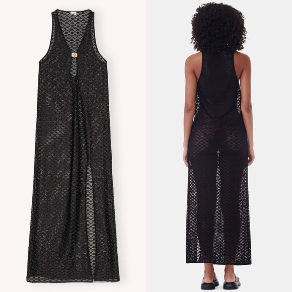 NWT GANNI Sheer Lace V-Neck Gold Butterfly Logo Clasp Sleeveless Maxi Dress L - Picture 13 of 13